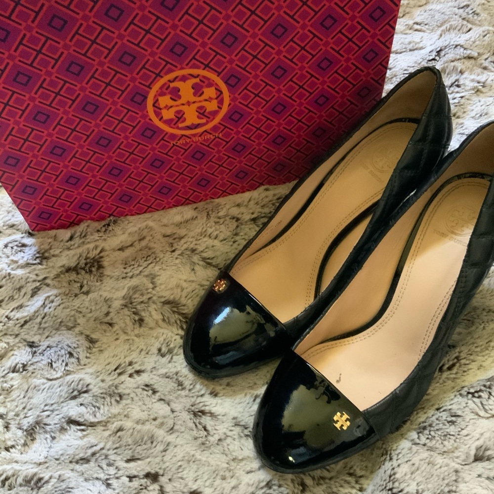 Tory Burch Black Patent Leather Wedge Pumps with Gold Logo